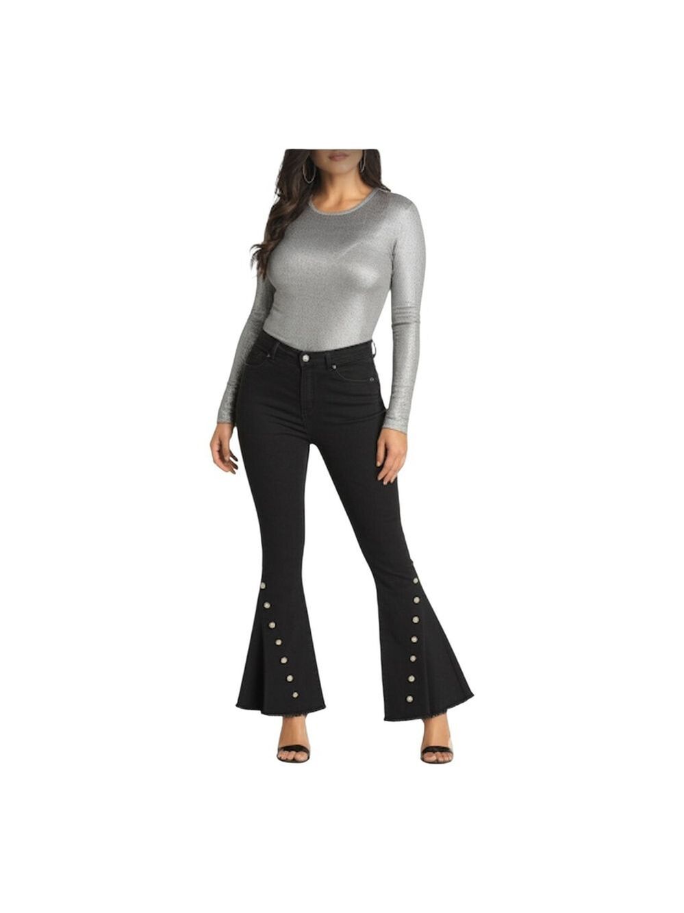 Rachel Roy, Black Crop Flare Jeans Raw Hem Studded Snaps Size 28 Trendy Stretch